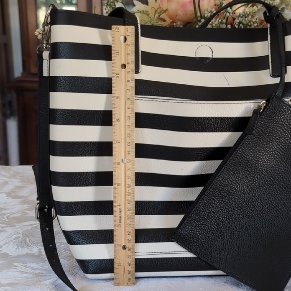 Black and White Striped Tote Bag with Pouch - Picture 3 of 14